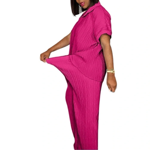 Women Spring Summer Pleated Fabric Short Sleeve Shirt Casual Wide-Leg Pants Set - Picture 2 of 3